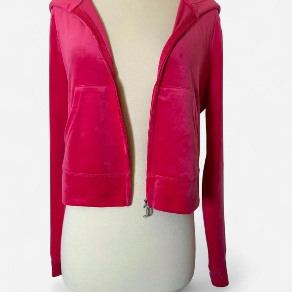 Juicy Couture Women's Sz L Hot Pink OG Big Bling Velour Zip-Up Hoodie Sweater - Picture 3 of 5